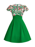 GREATNFB  Elegant Retro Spring and Summer Bow Flower Print Drawstring Ruffle Sleeve Dress