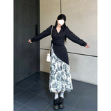 2025 Ink and wash splicing long-sleeved dress, thin design sense, waist length and short girlfriend model  new long skirt