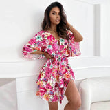 GREATNFB  Cross-Border Foreign Trade   Summer New plus Size Women's Casual Floral Deep V Waist Mid Sleeve Dress