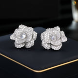 2025 Light luxury high-end rose earrings tide s925 silver needle flower super flash zircon inlaid three-dimensional camellia stud earrings