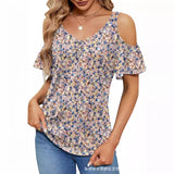 GREATNFB  Cross Border Women's   Summer New off-the-Shoulder Printed V-neck Short Sleeve Loose Top T-shirt