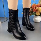 GREATNFB Soft Leather Skinny Boots Short Boots for Women  Autumn and Winter Fashion Mid Heel Mid-Calf Cotton Shoes plus Velvet Soft Bottom Mother Ankle Boots