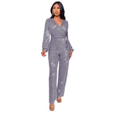 Hot trade women's fashion babes long-sleeved deep V jumpsuit  party sequined belt jumpsuit women's wholesale