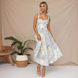 Popular trade  popular summer slim and thin waist V-neck suspender printing medium and long dress women