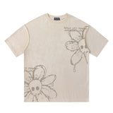 2025 JPRT3260 Man Kun popular Spring 2025n High Street Retro Trend Hand Painted Flower Casual Loose Short Sleeve T-Shirt