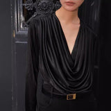 2025 popular new V-neck shirt design sense niche high sense temperament drape long sleeve black and white top