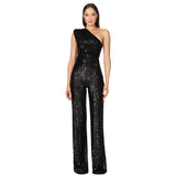 popular new women's sleeveless shoulder onesie  fashion high waist design sequined jumpsuit wholesale