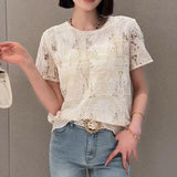2025 spring retro court style hollow crochet versatile niche pullover short-sleeved top women