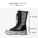 GREATNFB Genuine Leather Mid-Calf Martin Boots Women's  New Summer Thin Sandal Boots Women's Shoes Breathable Boots Thick Bottom Hollow-out Mesh Boots