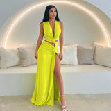 GREATNFB D24DS171 2025 cross-border women's clothing summer new solid color sexy deep V hollow split slim long dress