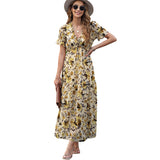 GREATNFB European and American Foreign Trade Floral Print High Waist Dress Women's Summer  New Waist Slimming V-Neckline Long Skirt Women