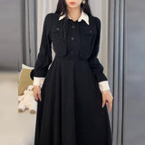 2025 Hepburn style fashion women's skirt  spring new women's  black Korean drama wear fake two-piece suit women