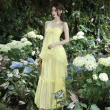 2025 Niche design high-end coffee break  chic and beautiful small fragrant wind seaside vacation yellow neck dress