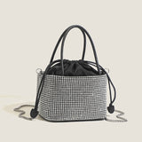 2025 Korean version drawstring bundle bucket bag portable rhinestone vegetable basket bag female niche casual diamond-encrusted shoulder messenger bag female