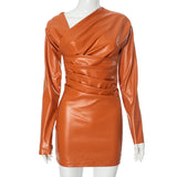 GREATNFB F24DS261 2025 cross-border women's clothing autumn new products are fashionable and elegant solid color long-sleeved pleated leather short dress