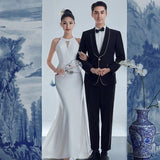 2025 Photo studio photo theme clothing Chinese meticulous painting style retro photo photography dress satin fishtail neck wedding dress