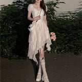 Tea Break Gentle Ruffled Irregular White Dress Summer New Style Platycodon Grandiflorum  Fairy Princess Short Skirt