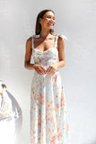 Popular trade  popular summer slim and thin waist V-neck suspender printing medium and long dress women
