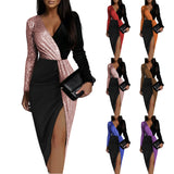 GREATNFB Cross-Border Color Matching Ethnic Style High Waist Pure Color Temperament Commute Mid-Length Dress Long Sleeve Waist-Tight Shiny Crystal Dress