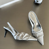 New Summer Pleated Small Sharp Point High Heel Shoes with Satin Closed Toe Sandals for Women Silver Dinner Party Shoes