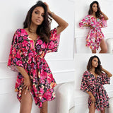 GREATNFB  Cross-Border Foreign Trade   Summer New plus Size Women's Casual Floral Deep V Waist Mid Sleeve Dress