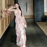 2025 Design floral chiffon dress summer temperament high sense waist tube top suspender long dress gentle wind dress