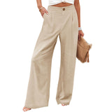 greatnfb Cross-Border  HOTan and NEWn Summer Comfortable High Waist Trousers Button Elastic Waist Wide Leg Pants for Women Casual Straight Pants