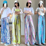 greatnfb Summer New Tie-Dyed Pleated Wide-Leg Pants Women's High Waist Thin Straight Organ Pants Casual Loose Draggle-Tail Trousers Women's