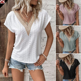 GREATNFB  In Stock   Summer Foreign Trade V-neck Lace Stitching Jacquard T-shirt Popular Loose Casual Women's Top