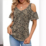 GREATNFB  Cross Border Women's   Summer New off-the-Shoulder Printed V-neck Short Sleeve Loose Top T-shirt