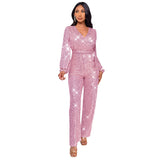 Hot trade women's fashion babes long-sleeved deep V jumpsuit  party sequined belt jumpsuit women's wholesale