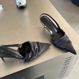 New Summer Pleated Small Sharp Point High Heel Shoes with Satin Closed Toe Sandals for Women Silver Dinner Party Shoes