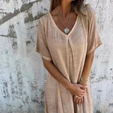 GREATNFB  New  Independent Station Leisure Spring and Summer Loose Dress Short Sleeve V-neck Solid Color Cotton and Linen Dress