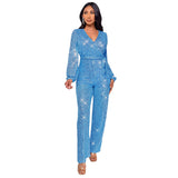 Hot trade women's fashion babes long-sleeved deep V jumpsuit  party sequined belt jumpsuit women's wholesale