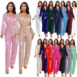 Hot trade women's fashion babes long-sleeved deep V jumpsuit  party sequined belt jumpsuit women's wholesale