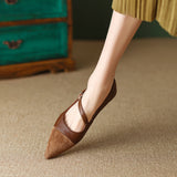 greatnfb Retro Brown Pointed Toe Pumps Women's Soft Leather  New Flat Heel Low-Cut Pumps Buckle  Flat Shoes