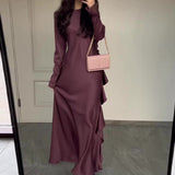 GREATNFB Autumn New Europe and America Cross Border  Cross-Border Solid Color round Neck Ruffled Long Temperament Jumpsuit Dress