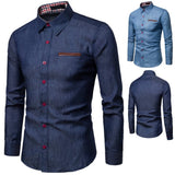 GREATNFB Foreign Trade Spring and Autumn Best-Selling Men's Casual Shirt Pocket Leather Patchwork Cotton Slim-Fit Long-Sleeved Shirt Denim Shirt Men