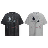 2025 6090 2025n Street 2025 Summer Retro Hand Painted Alien Design High Sense Men's Loose Short Sleeve T-Shirt