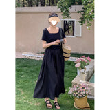 2025 summer new niche design square neck knitted splicing dress women's black short-sleeved large skirt long dress