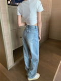 Light Blue Wide Leg Jeans Women 2025 Spring Korean Style New Design Letter Print Loose Draggle-Tail Trousers