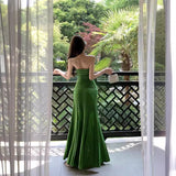 2025 Green sexy tube top dress women's  high-end slim-fitting straight knitted long dress seaside vacation beach dress
