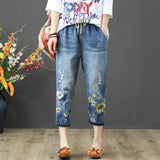 greatnfb Jeans Women's Spring and Autumn New Embroidered High Waist Retro Tattered Jeans Women's Pants Harem Pants Cropped Pants plus Size