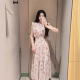 GREATNFB [Daishan]  Early Spring Japanese Style Sweet Printed Refreshing Flying Sleeve Tied High Waist Pleated Chiffon Dress