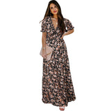 GREATNFB European and American Foreign Trade Floral Print High Waist Dress Women's Summer  New Waist Slimming V-Neckline Long Skirt Women