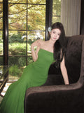 2025 Green sexy tube top dress women's  high-end slim-fitting straight knitted long dress seaside vacation beach dress