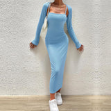 GREATNFB 2025 Hot Trade New Women's Light Blue Elegant Fashion Suit Autumn and Winter Shawl Dress Two-piece Set