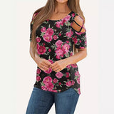 GREATNFB  Summer New Top Women's  Hot Sale plus Size Women's T-shirt Slim Slimming Flower Print off-Shoulder Short T-shirt