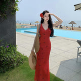 2025 print dress sexy deep V-neck slim-fit vest dress women's summer red skirt seaside vacation style