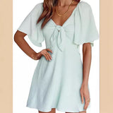 Hot Trade European and American  2024 Summer Short Sleeve Midi A- Line Skirt Pullover Ruffle Sleeve Half-Open Collar Dress